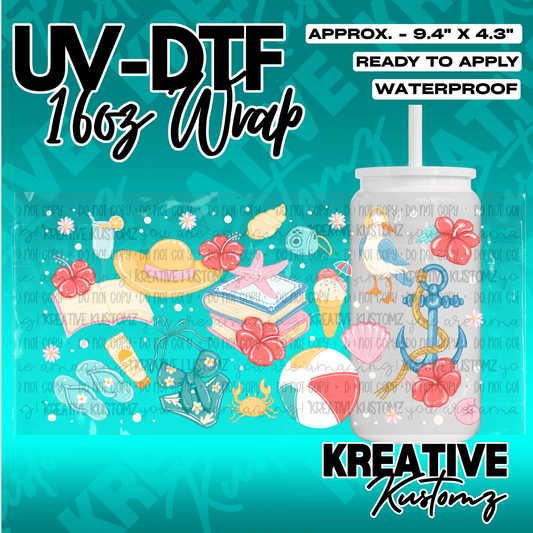 A summer-themed UV DTF adhesive wrap for a 16oz glass cup featuring beach icons and flowers.