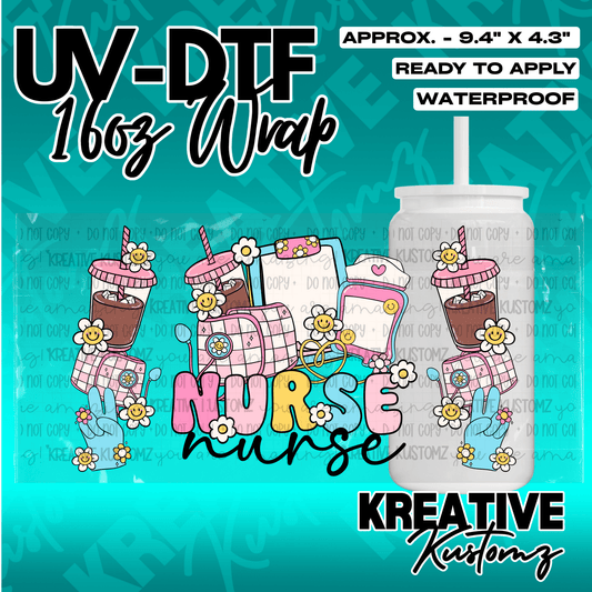 A nurse-themed UV DTF adhesive wrap for a 16oz glass can featuring colorful medical icons.