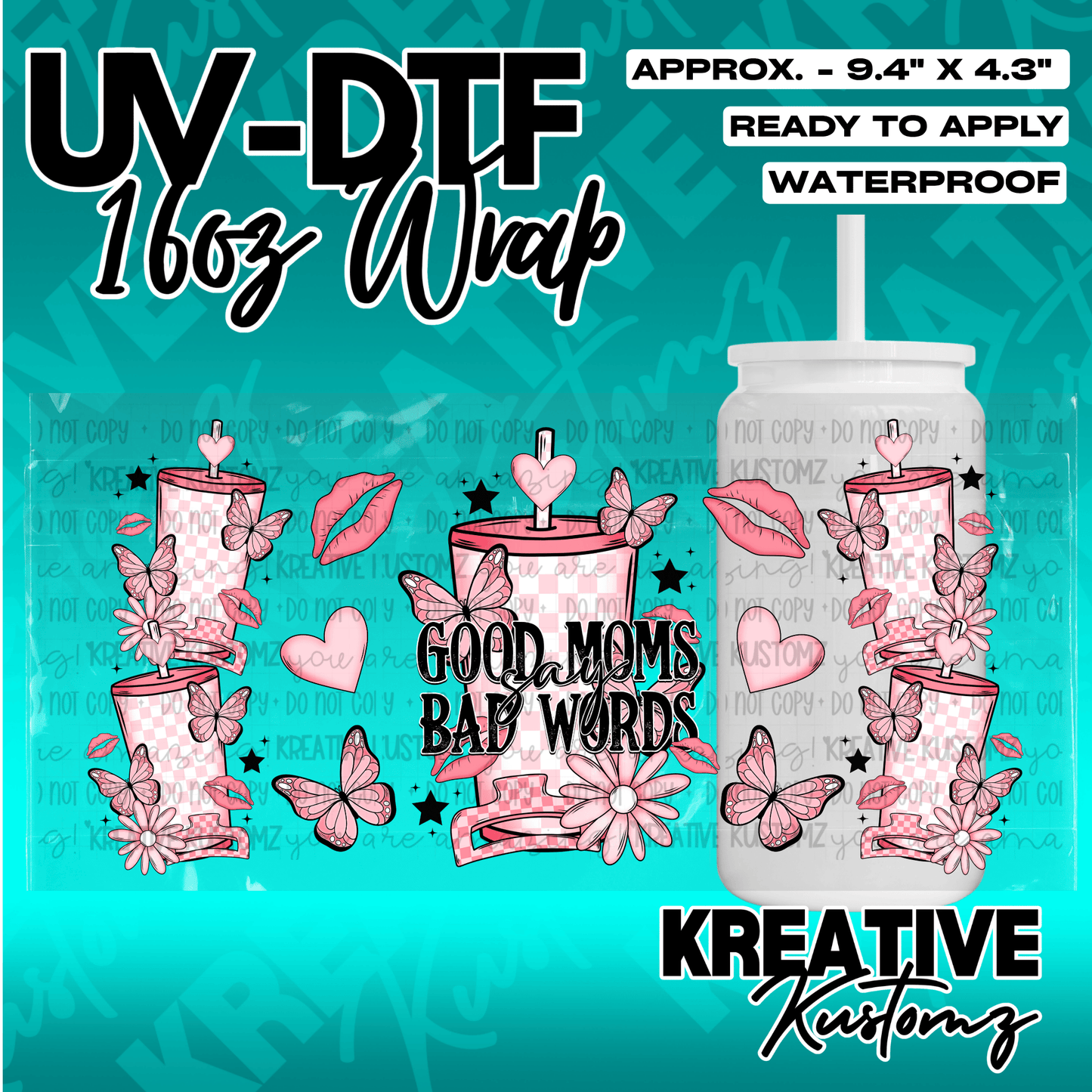 A pink and white checkered cup wrap design featuring butterflies, flowers, lips, and text.