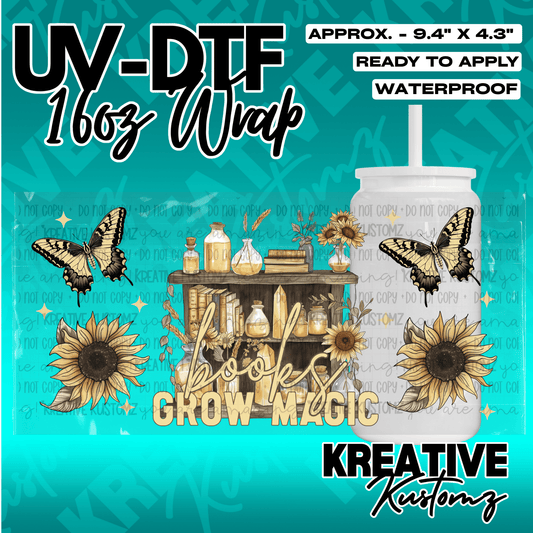 A UV DTF adhesive wrap for 16oz glass cans featuring butterflies, sunflowers, and a bookshelf.