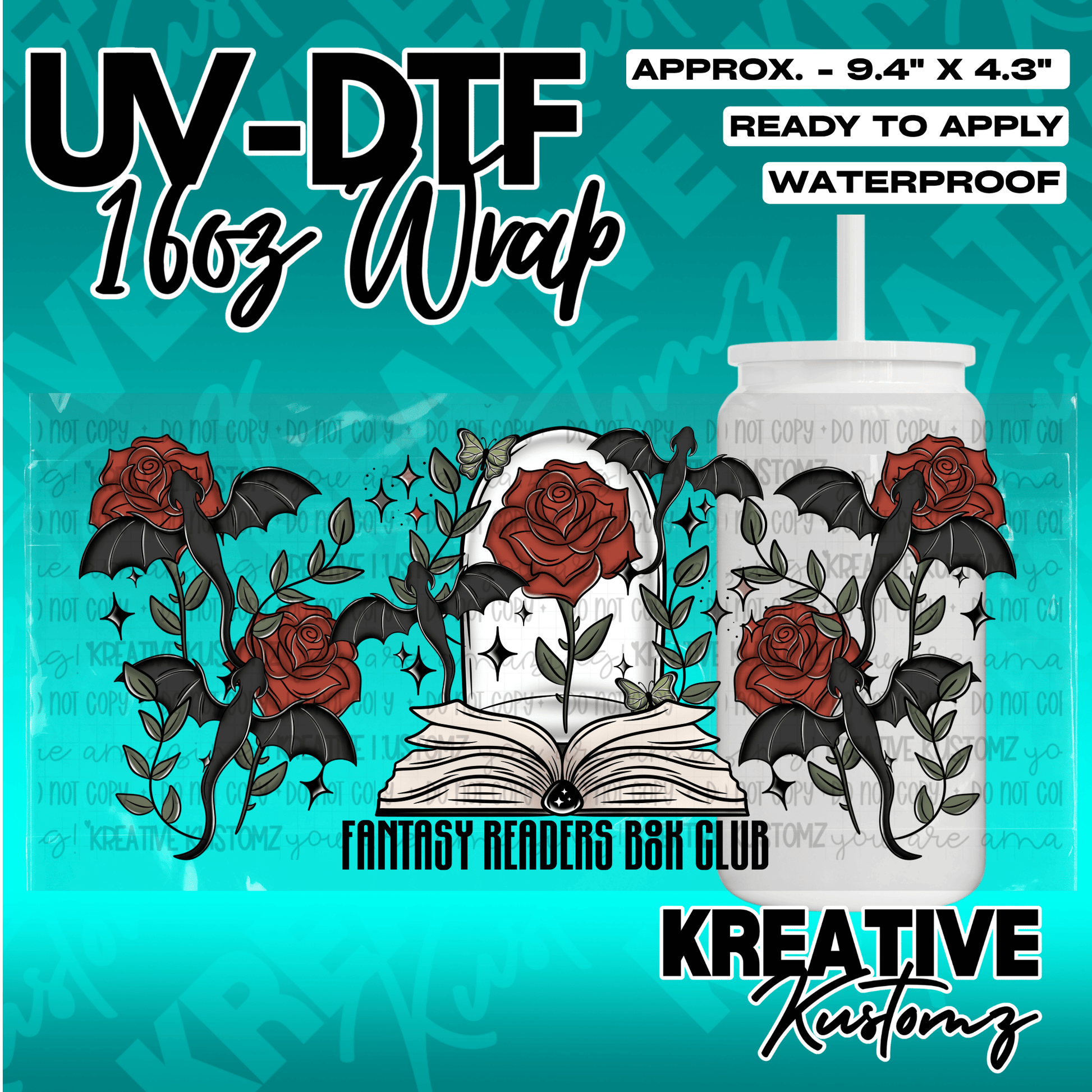 A UV DTF cup wrap featuring red roses, black bats, and an open book design.