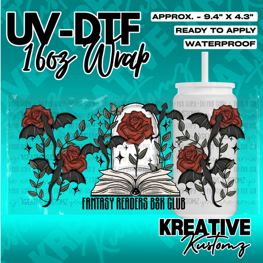 A UV DTF cup wrap featuring red roses, black bats, and an open book design.