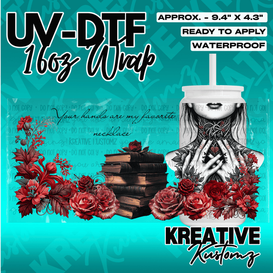 A UV DTF wrap for a 16oz glass can featuring a gothic illustration of hands, roses, and books.