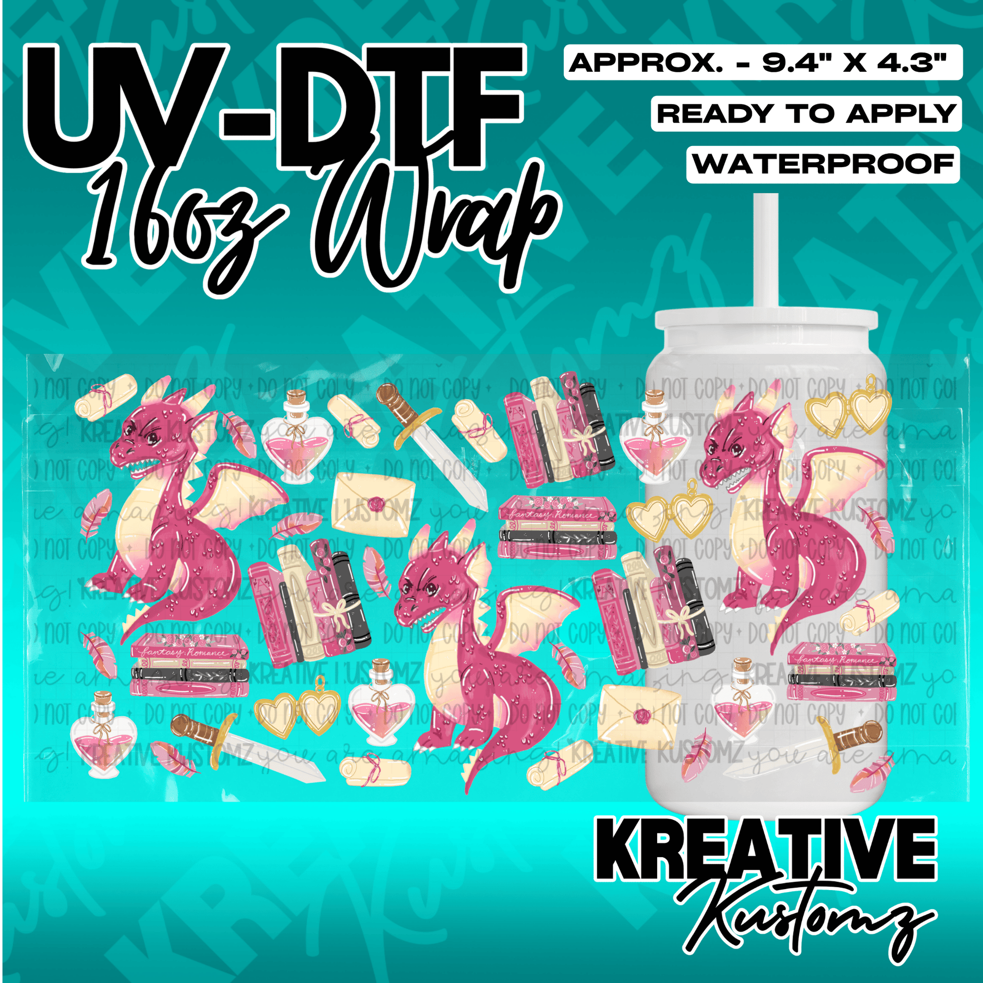 A UV DTF adhesive wrap for 16oz glass cans featuring pink dragons, books, and fantasy items.