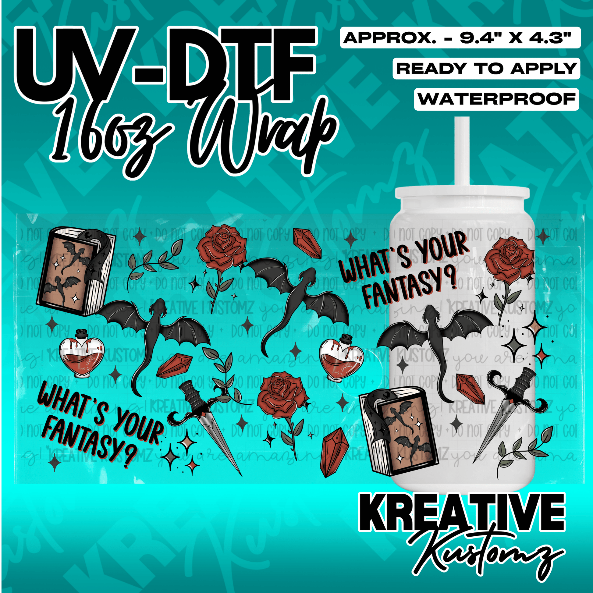 A fantasy-themed UV DTF adhesive wrap for 16oz glass cans featuring dragons, roses, and daggers.