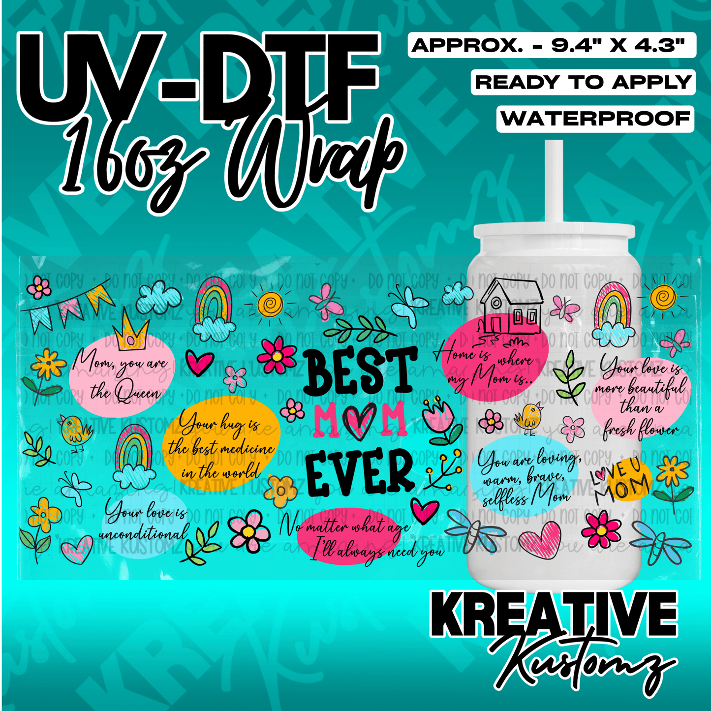 A floral UV DTF adhesive wrap for 16oz glass cans featuring colorful Mother's Day themed designs.