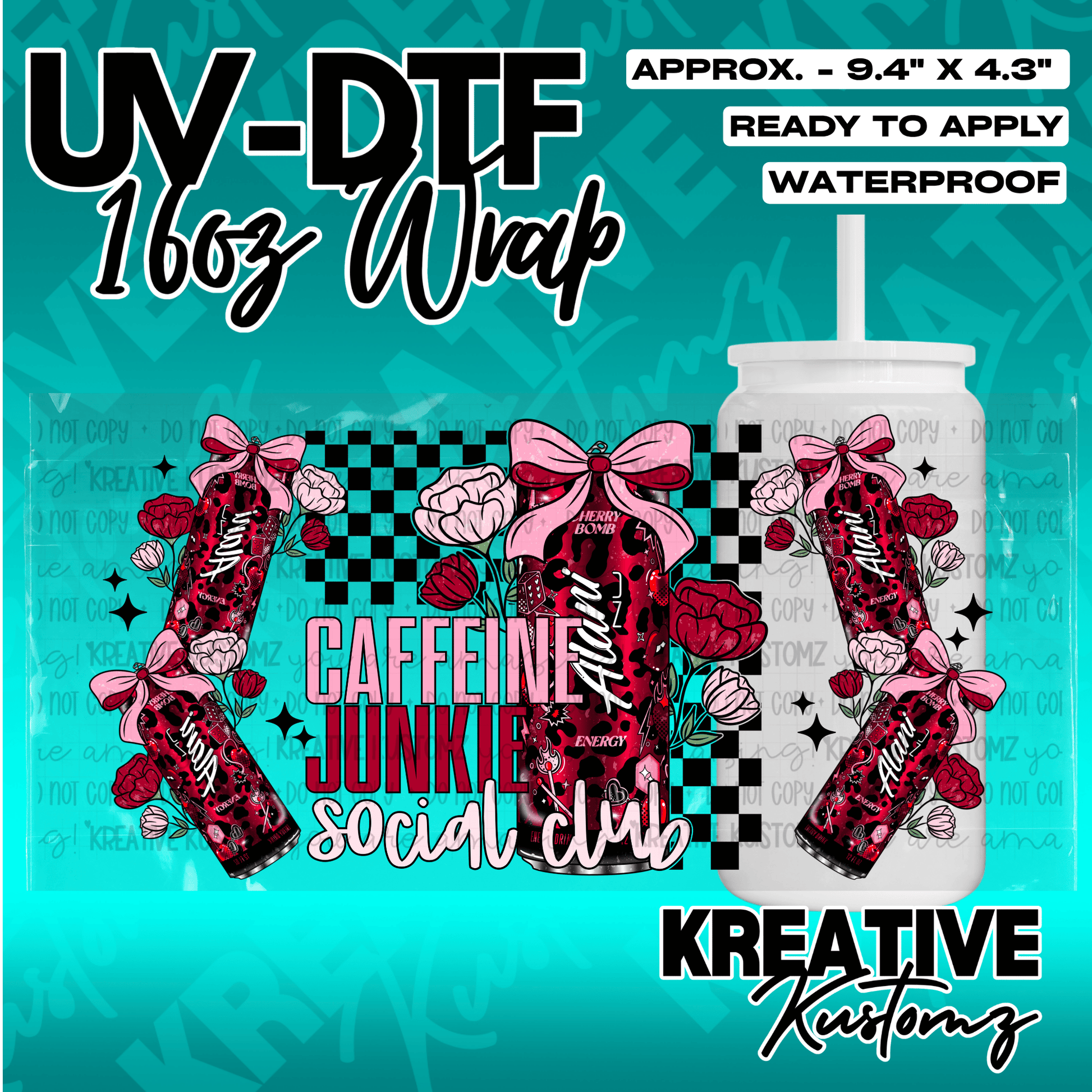 A UV DTF adhesive wrap for a 16oz glass can featuring a red energy drink and floral design.