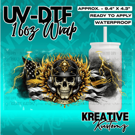 A UV DTF cup wrap featuring a skull wearing a headset and a gold-accented American flag design.