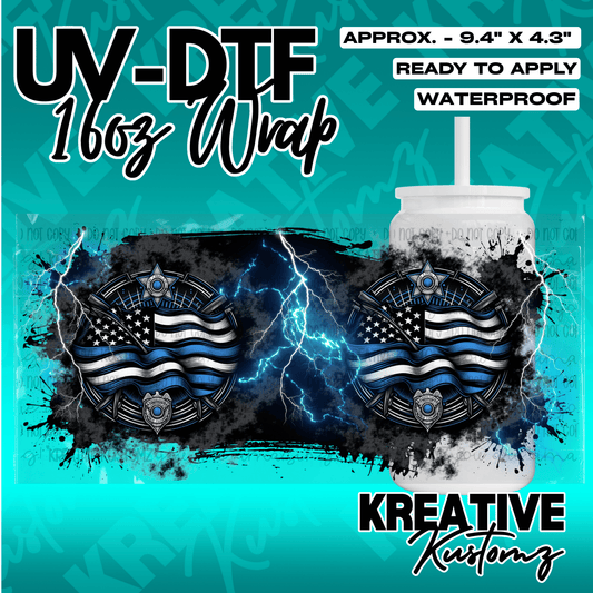 A UV DTF adhesive wrap for 16oz glass cans featuring a blue line flag and lightning design.