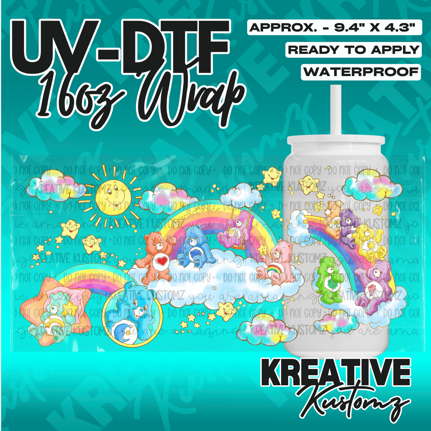 A colorful UV DTF adhesive wrap featuring Care Bears and rainbows for a 16oz glass cup.