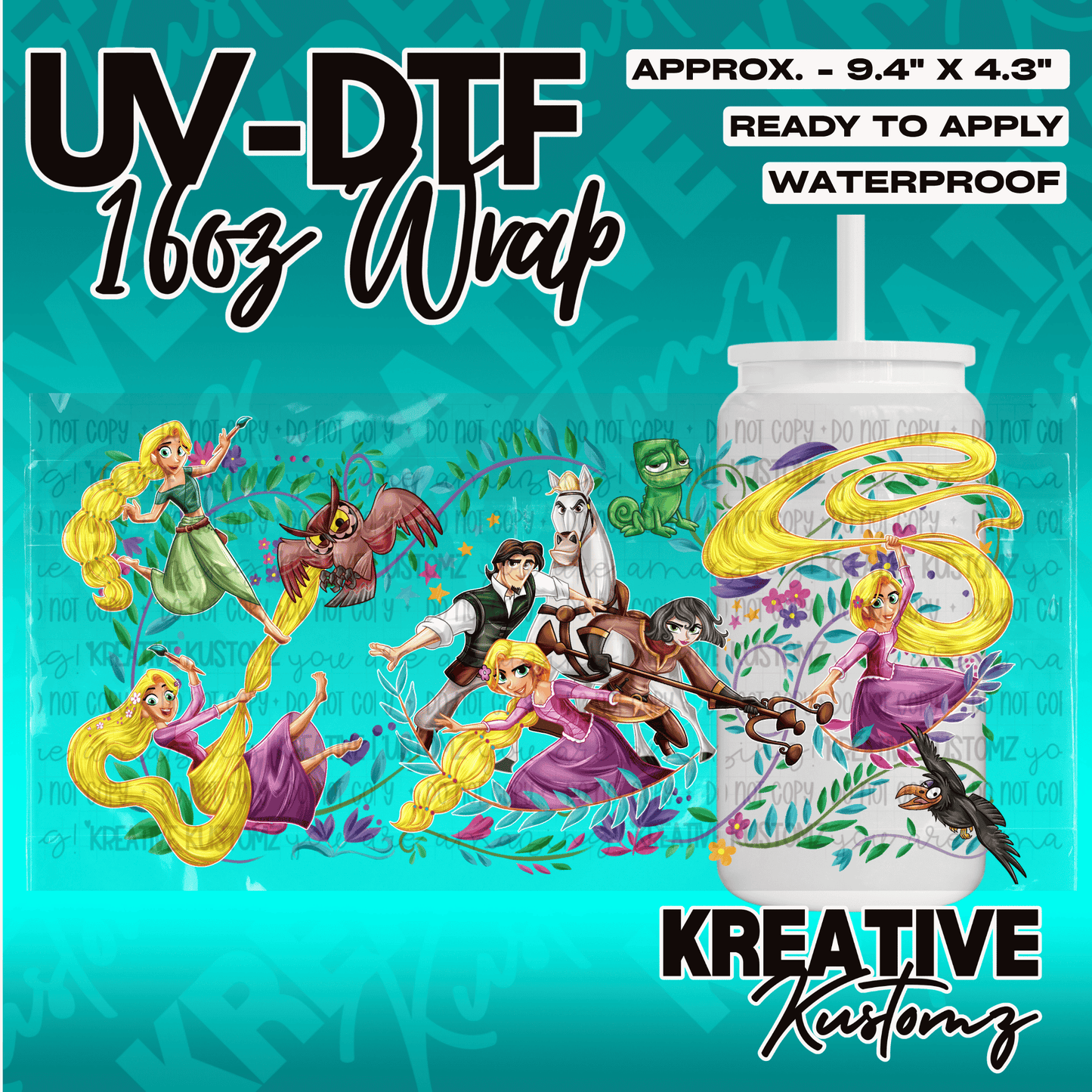 A Rapunzel themed UV DTF adhesive wrap for 16oz glass cans featuring various character illustrations.