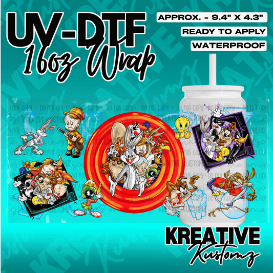 A Looney Tunes themed UV DTF adhesive wrap for a 16oz glass cup featuring various cartoon characters.