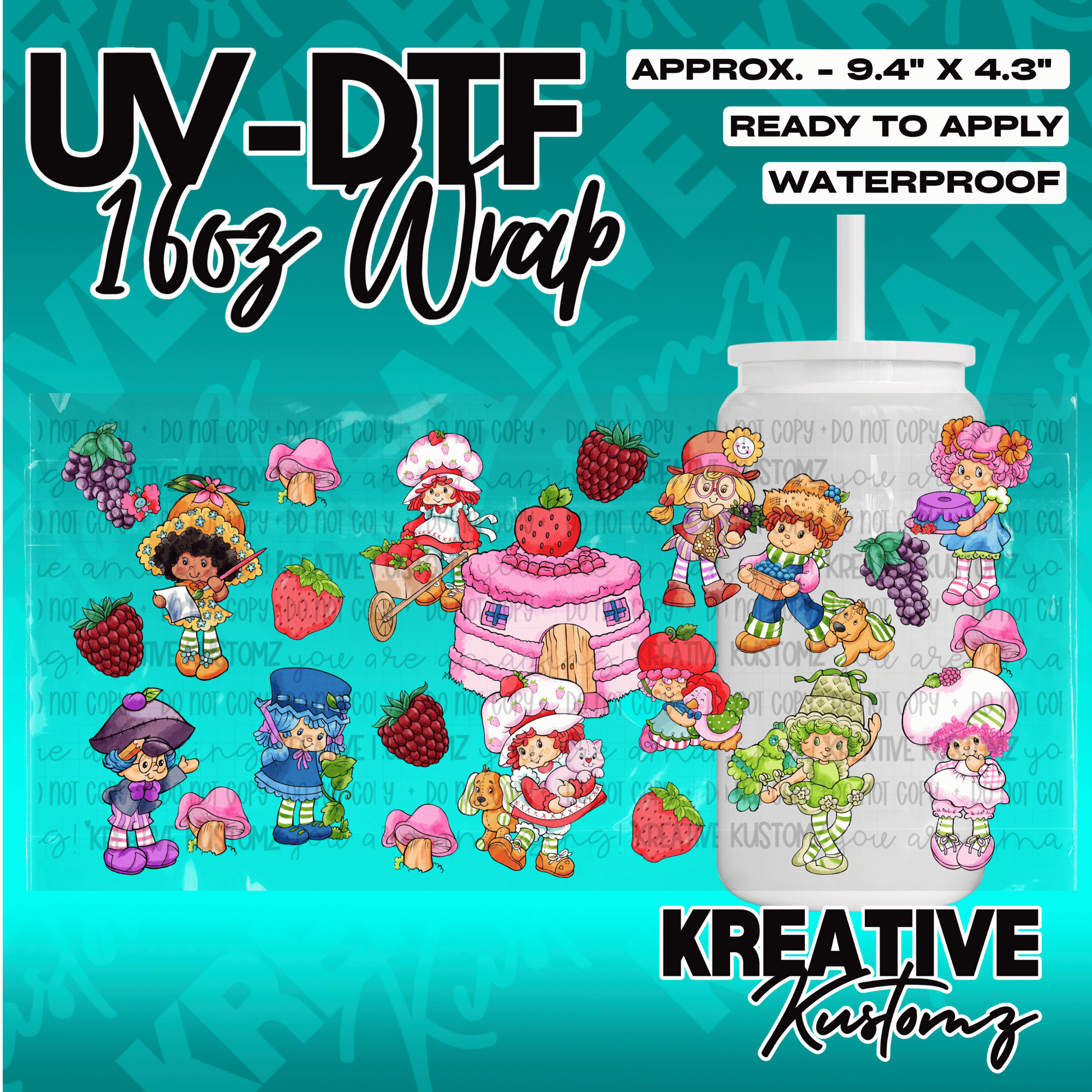 A UV DTF adhesive cup wrap featuring Strawberry Shortcake characters and berries for 16oz glasses.