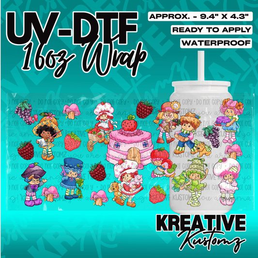 A UV DTF adhesive cup wrap featuring Strawberry Shortcake characters and berries for 16oz glasses.