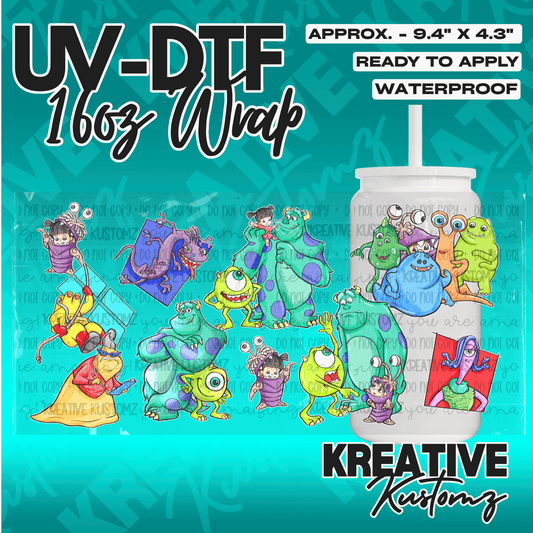 A UV DTF adhesive wrap featuring Monsters Inc characters for a 16oz glass can.