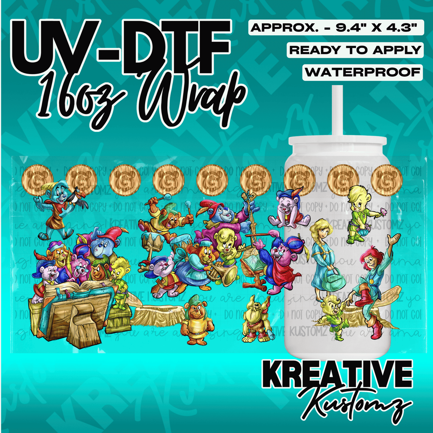 A UV DTF adhesive cup wrap featuring cartoon bears and characters for a 16oz glass can.