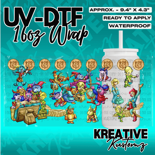 A UV DTF adhesive cup wrap featuring cartoon bears and characters for a 16oz glass can.