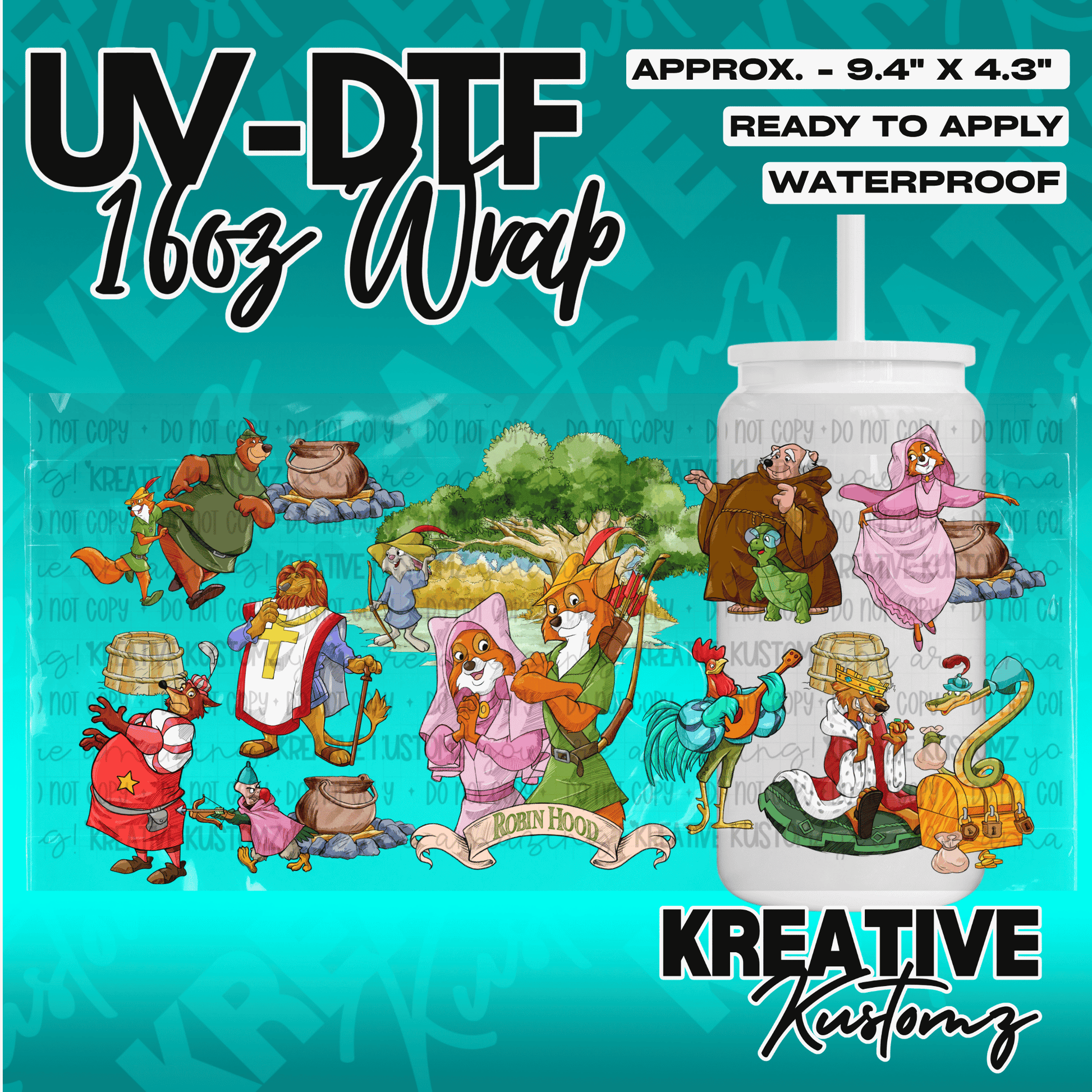 A Robin Hood themed UV DTF cup wrap featuring various characters from the movie.