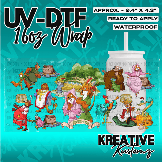 A Robin Hood themed UV DTF cup wrap featuring various characters from the movie.