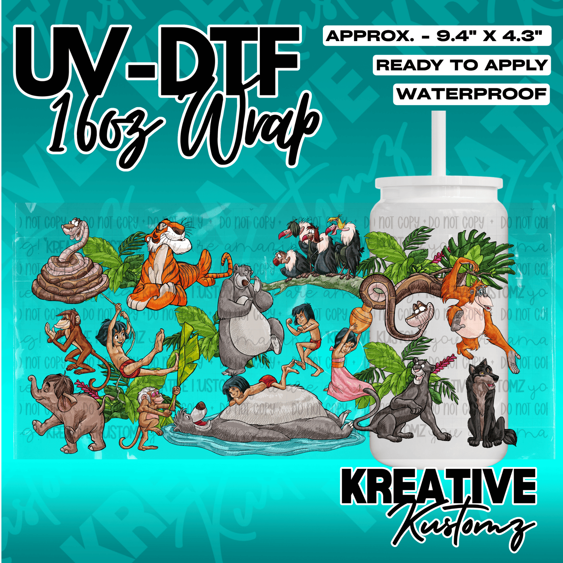 A Jungle Book themed UV DTF adhesive wrap for a 16oz glass cup featuring various characters.