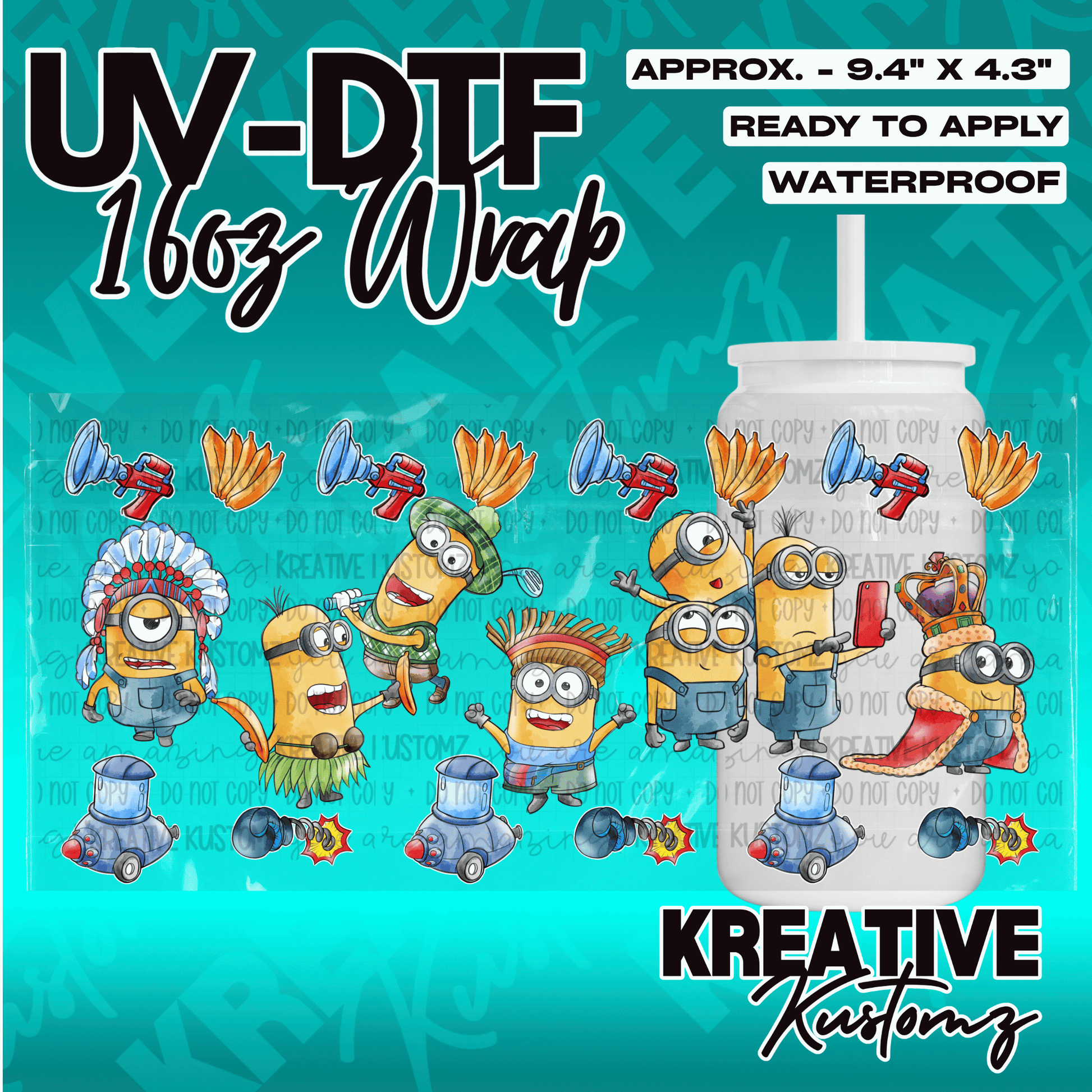 A UV DTF adhesive wrap for 16oz glass cans featuring a pattern of various Minion characters.