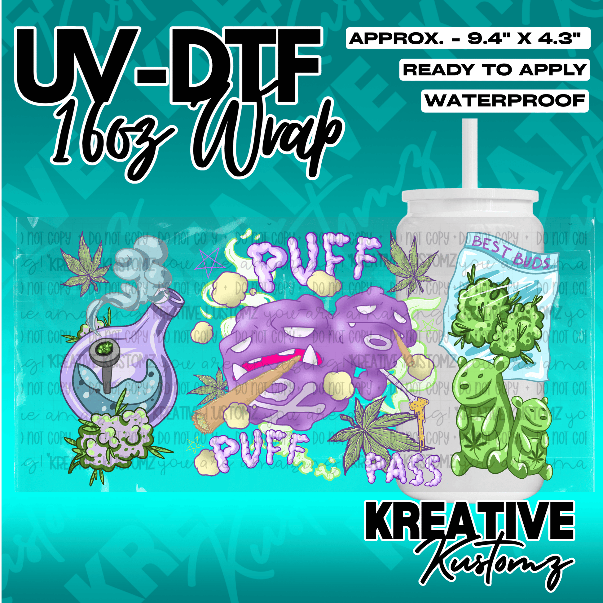 A UV DTF adhesive wrap for 16oz glass cans featuring cannabis-themed illustrations.