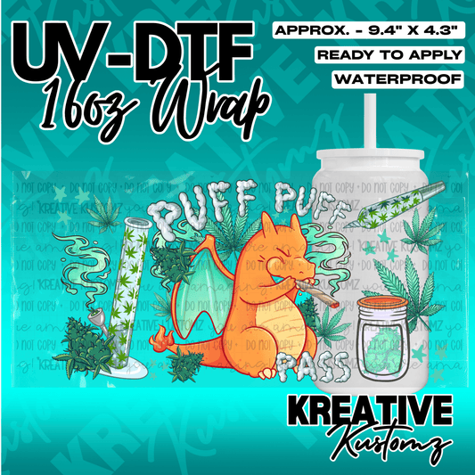 A UV DTF adhesive wrap for a 16oz glass cup featuring a cartoon dragon and cannabis-themed art.