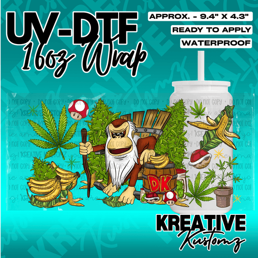 A UV DTF adhesive wrap for 16oz glass cans featuring a cartoon ape, bananas, and cannabis leaves.
