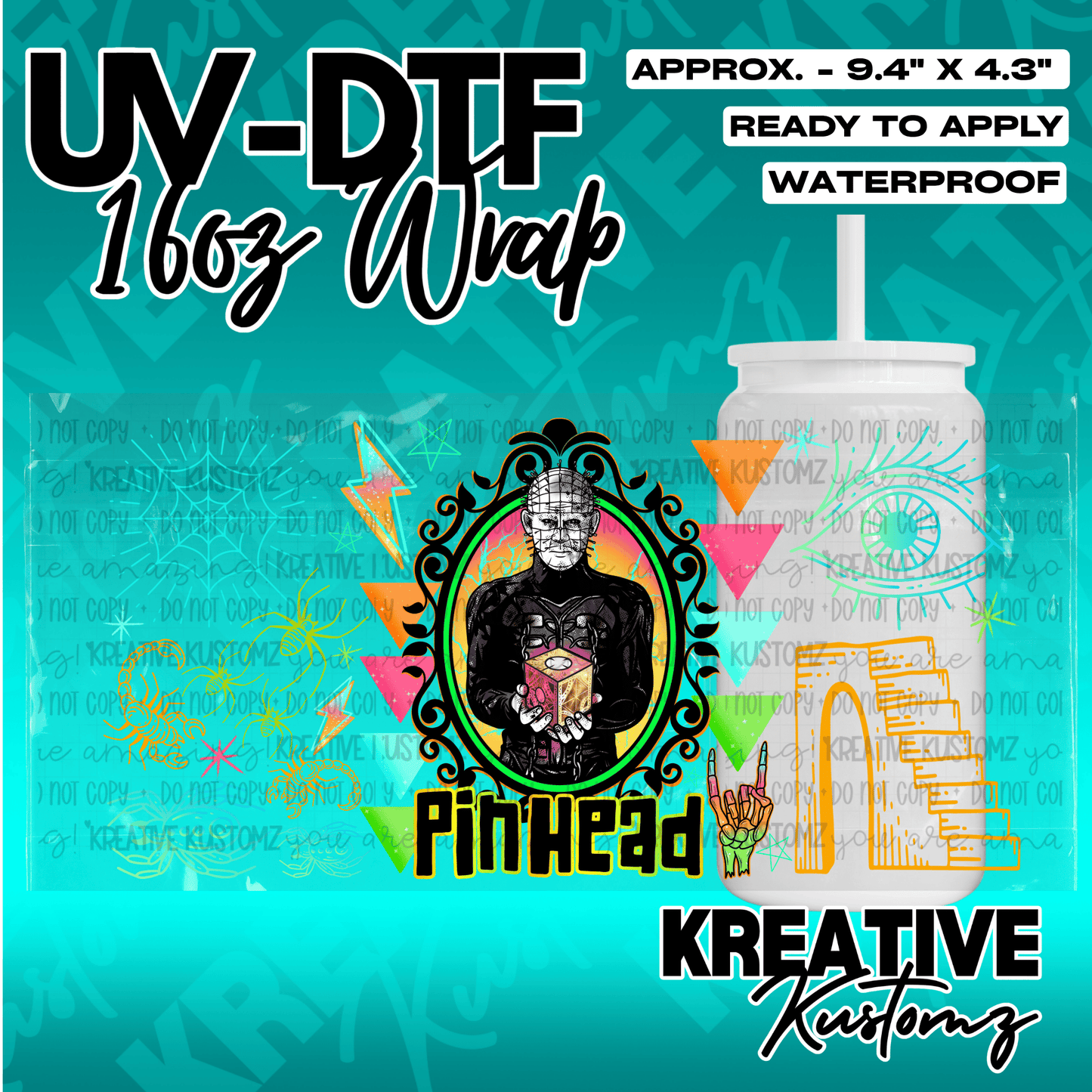 A Pinhead themed UV DTF adhesive wrap for a 16oz glass cup featuring horror-inspired graphics.