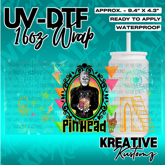 A Pinhead themed UV DTF adhesive wrap for a 16oz glass cup featuring horror-inspired graphics.