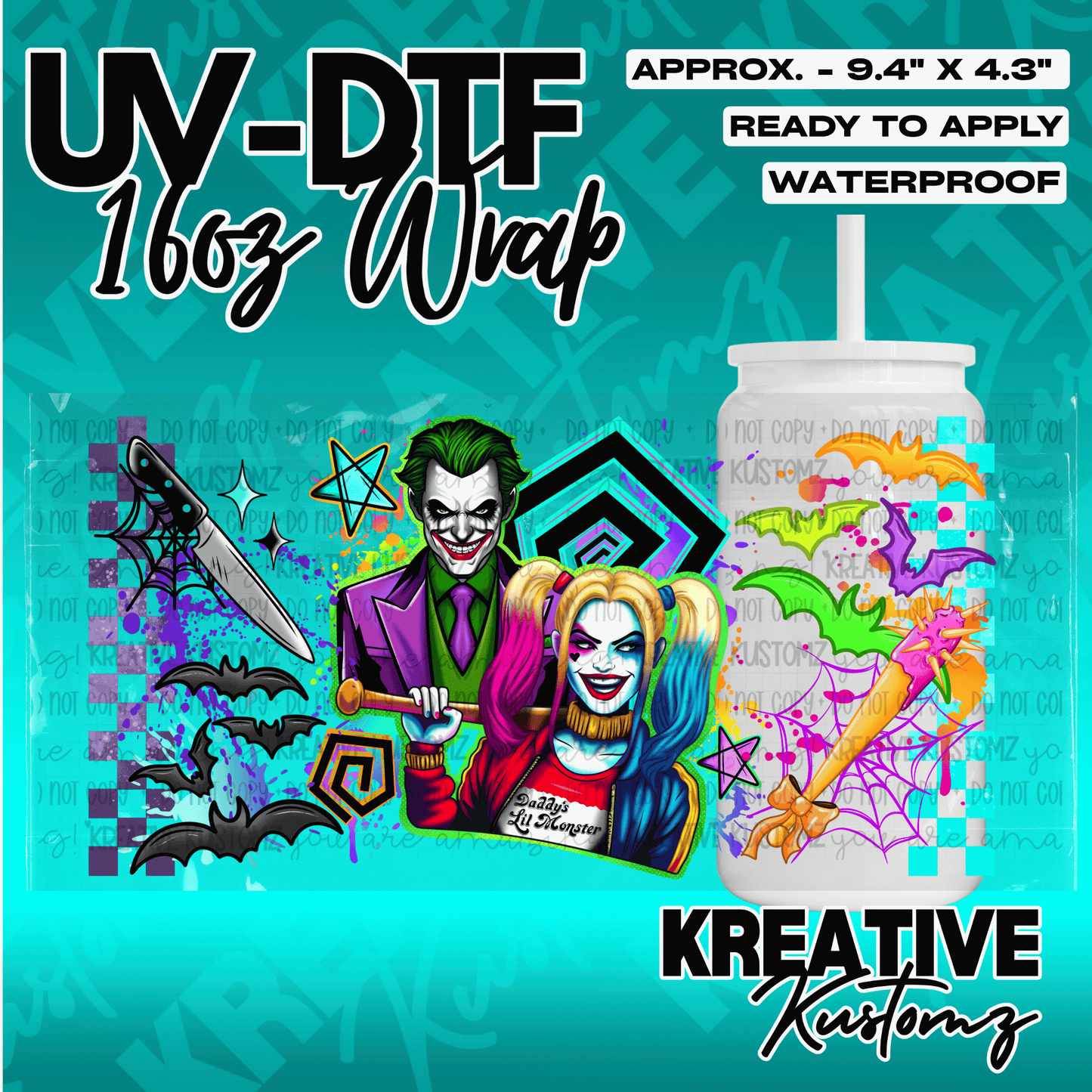 A UV DTF adhesive wrap for 16oz glass cans featuring Joker and Harley Quinn character art.
