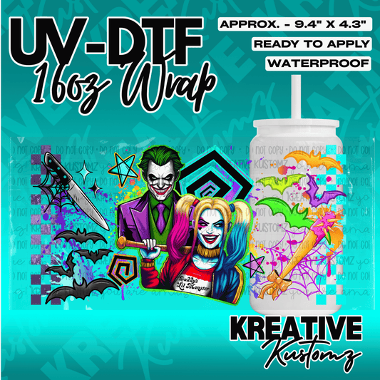 A UV DTF adhesive wrap for 16oz glass cans featuring Joker and Harley Quinn character art.