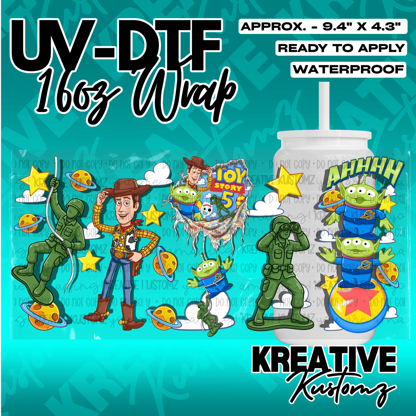 A Toy Story themed UV DTF adhesive wrap for 16oz glass cans featuring characters and planets.