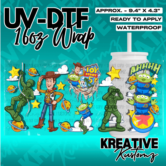 A Toy Story themed UV DTF adhesive wrap for 16oz glass cans featuring characters and planets.