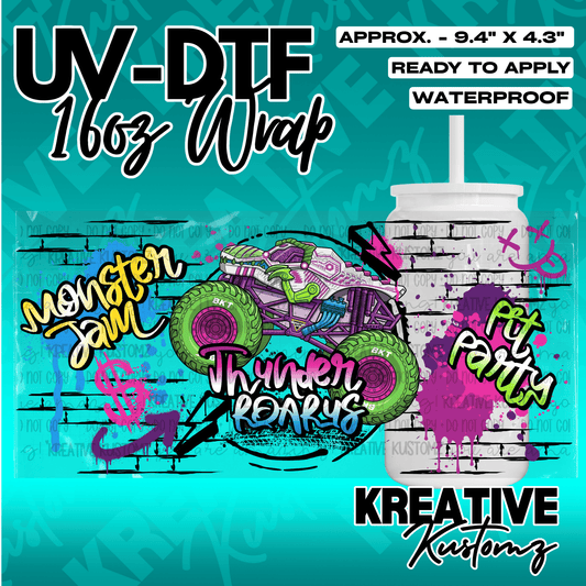 A Monster Jam themed UV DTF adhesive wrap for a 16oz glass can featuring a monster truck design.