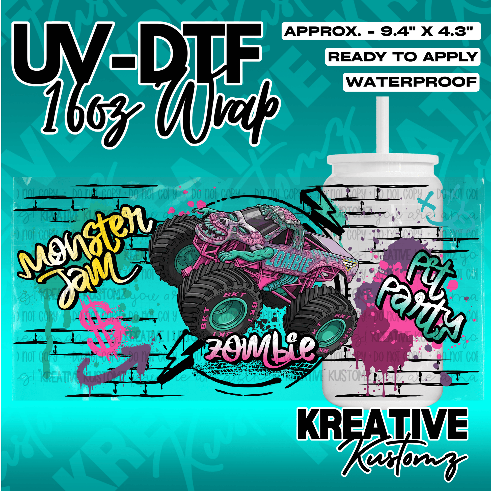 A UV DTF cup wrap featuring a Zombie monster truck design on a brick wall background.