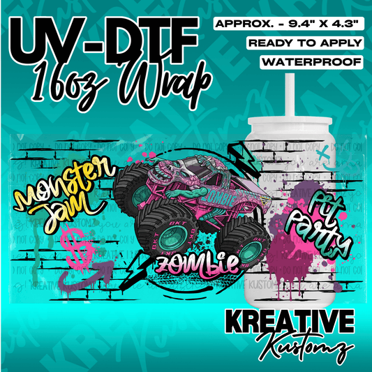 A UV DTF cup wrap featuring a Zombie monster truck design on a brick wall background.