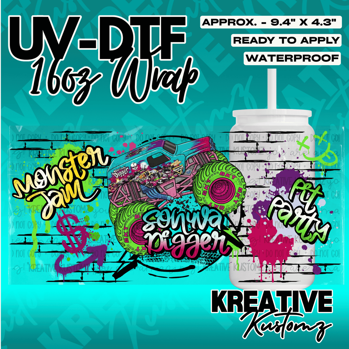 A UV DTF adhesive wrap for 16oz glass cans featuring a Son-uva Digger monster truck design.