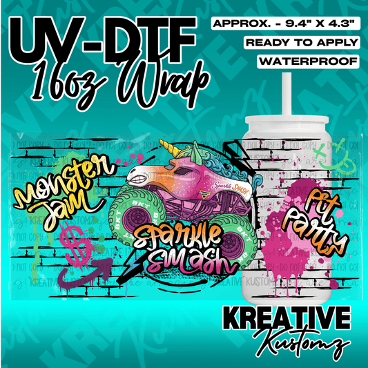 A UV DTF adhesive wrap featuring a Sparkle Smash monster truck design for a 16oz glass cup.