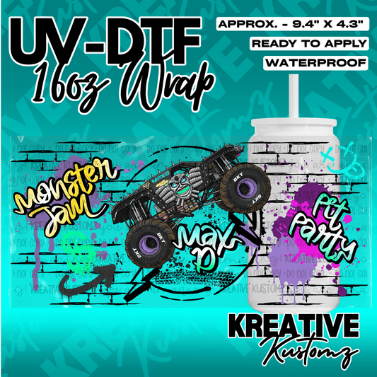 A UV DTF cup wrap featuring a Max-D monster truck design with graffiti and paint splatter accents.