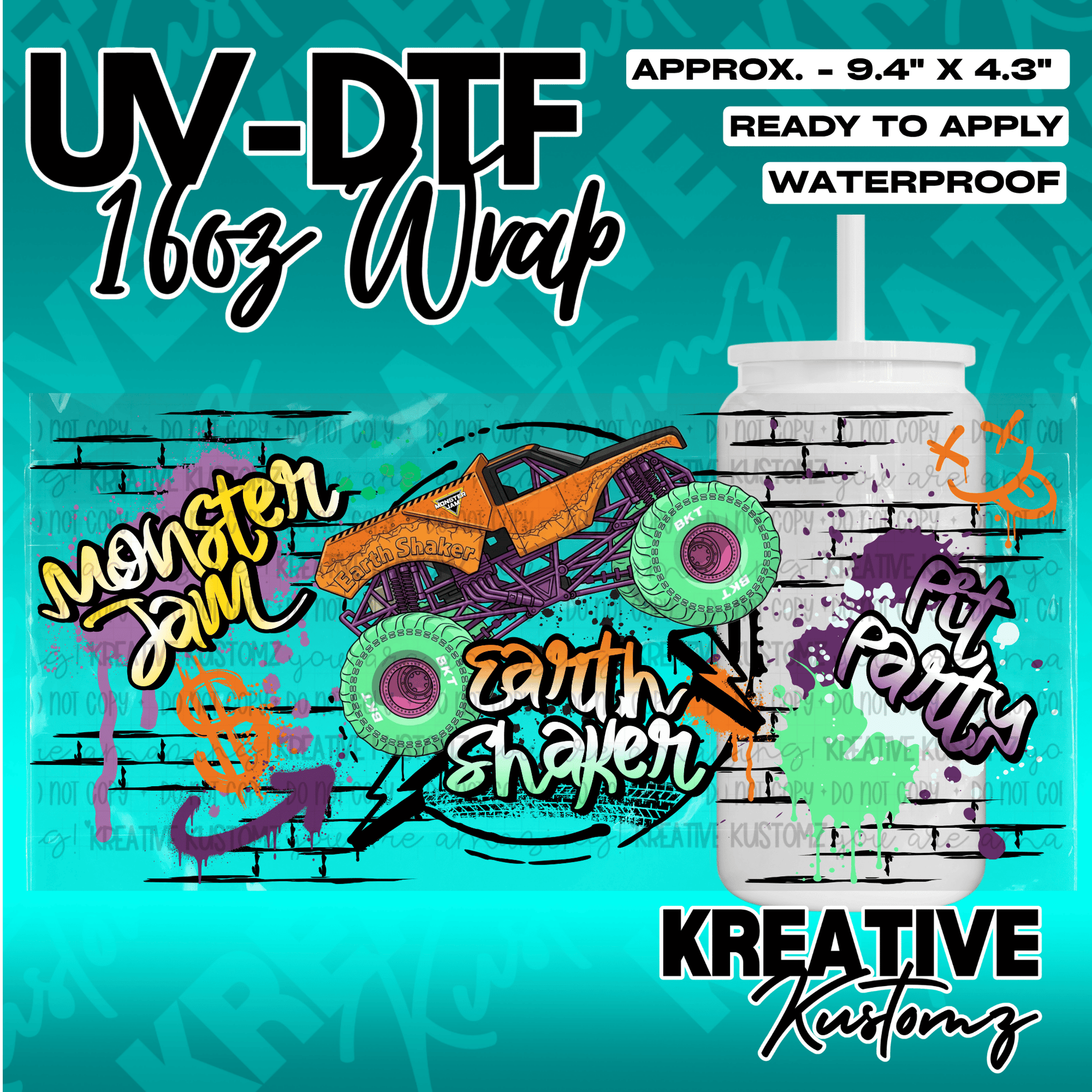 A Monster Jam themed UV DTF adhesive wrap for a 16oz glass cup featuring an orange monster truck.