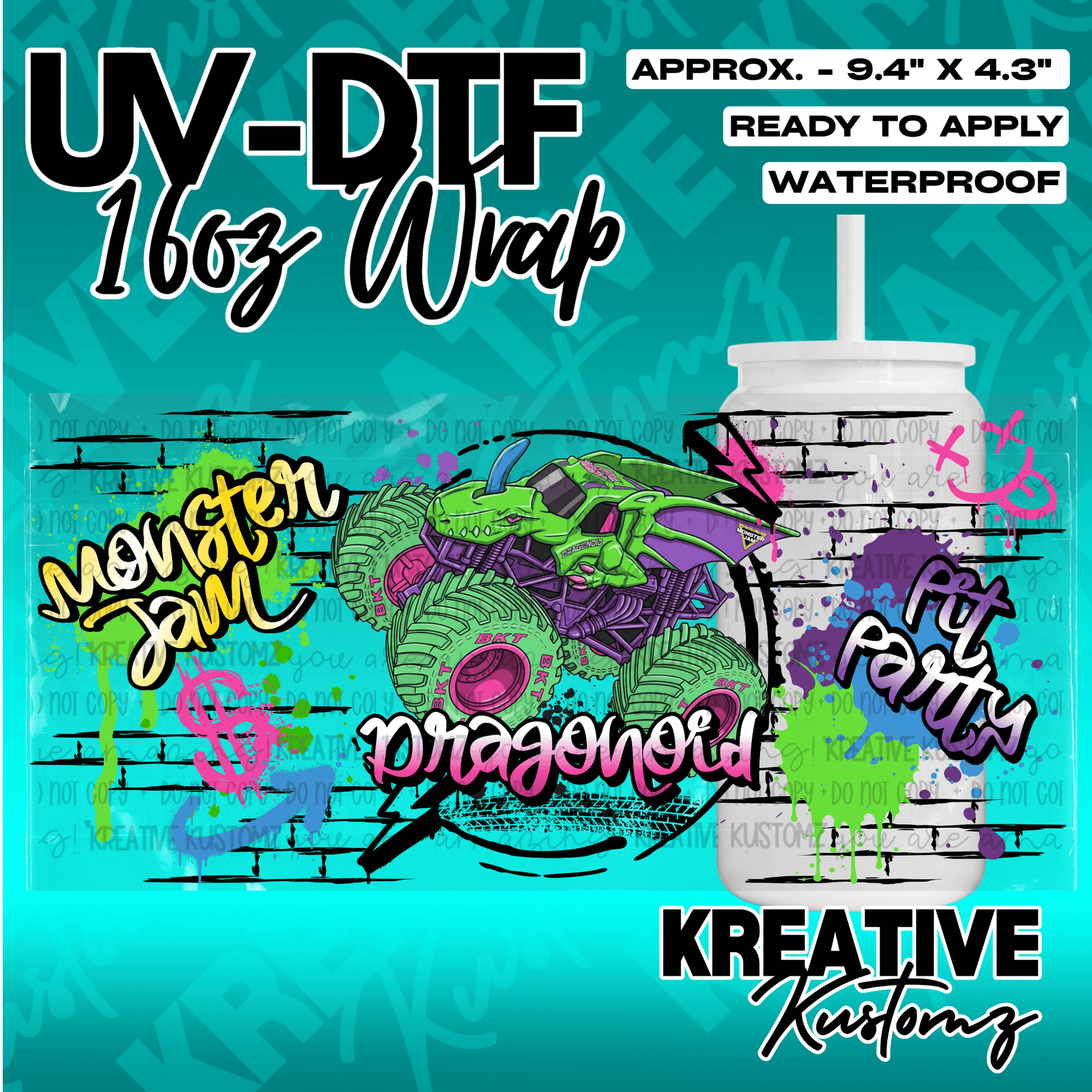 A Monster Jam Dragonoid themed UV DTF adhesive wrap for a 16oz glass cup.