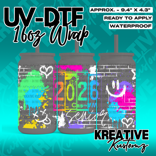 A 2026 senior themed UV DTF cup wrap featuring colorful graffiti and heart designs.