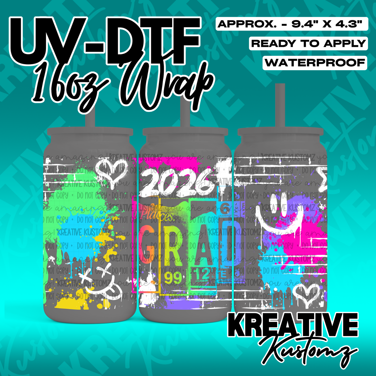 A vibrant graduation themed UV DTF adhesive wrap for 16oz glass cans featuring colorful graffiti.