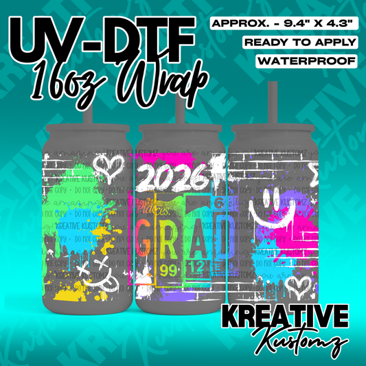 A vibrant graduation themed UV DTF adhesive wrap for 16oz glass cans featuring colorful graffiti.