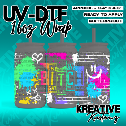A vibrant graffiti-style UV DTF cup wrap featuring colorful paint splatters and text.