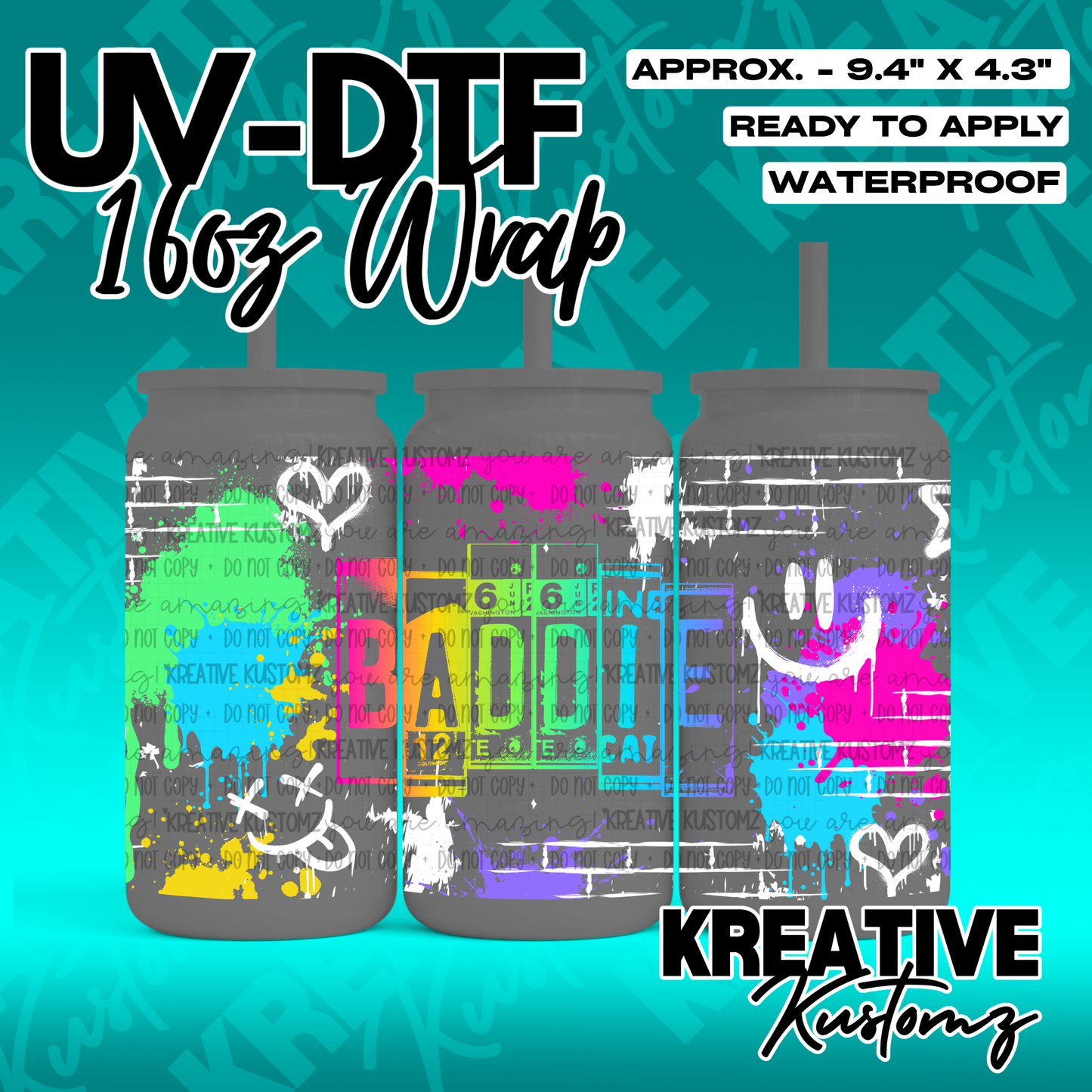 A vibrant graffiti-style UV DTF adhesive wrap for 16oz glass cans featuring colorful text.