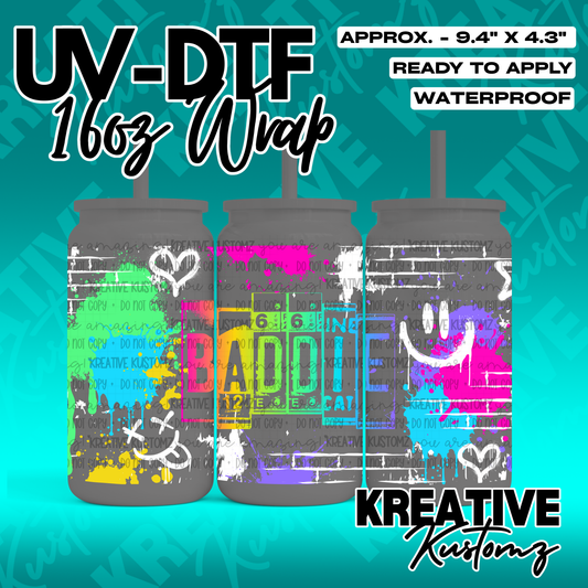 A vibrant graffiti-style UV DTF adhesive wrap for 16oz glass cans featuring colorful text.