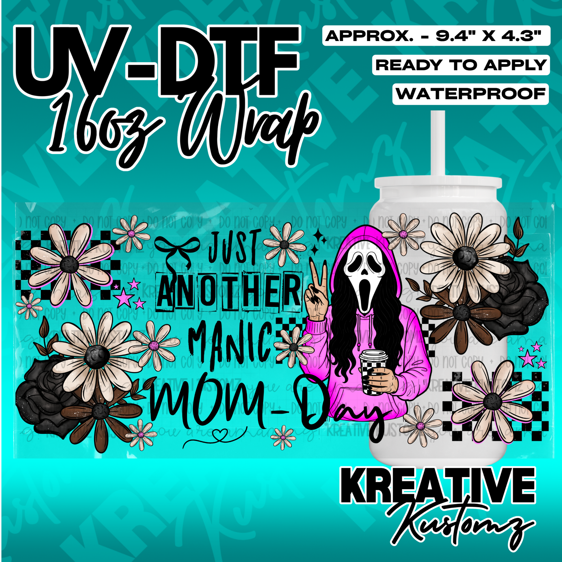 A UV DTF cup wrap featuring a ghost-faced character in a pink hoodie surrounded by floral designs.