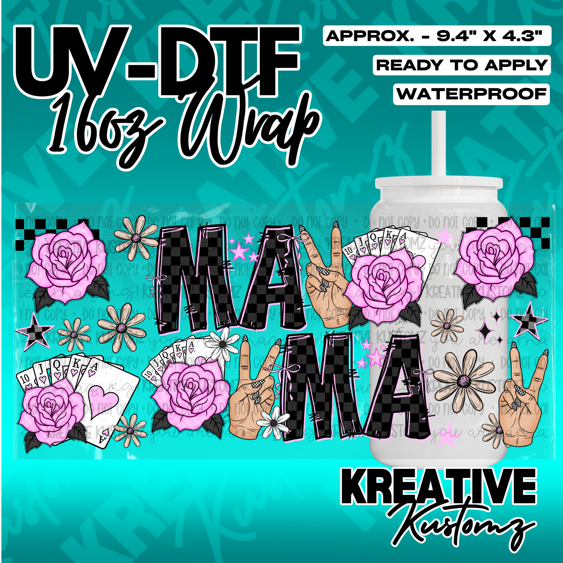 A floral UV DTF cup wrap featuring the word MAMA, playing cards, and peace signs.